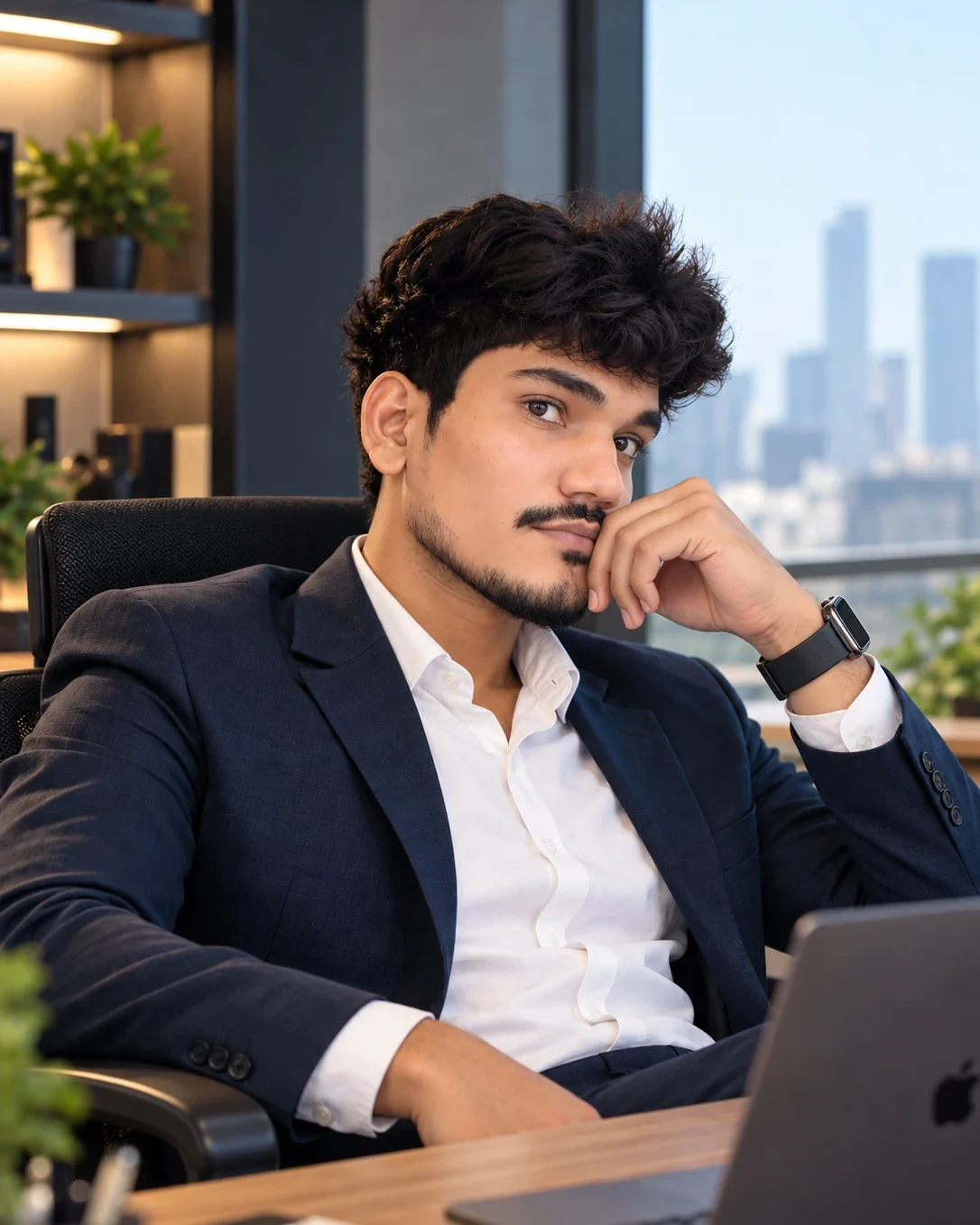 Niraj Ojha at his desk in a navy jacket, an open laptop beside him and the city through the window behind.