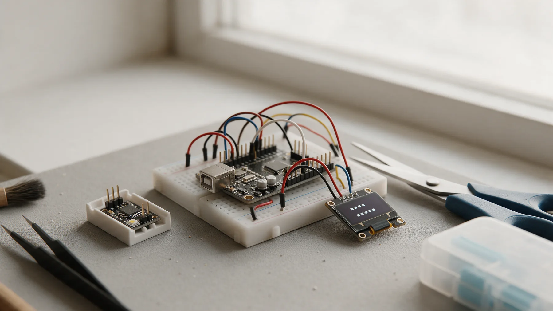 An electronics prototype on the bench.